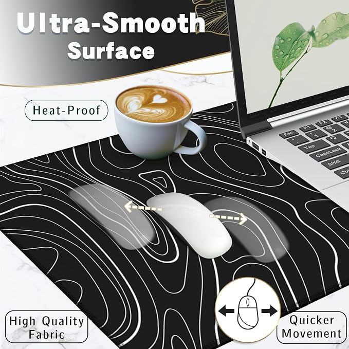 UJoowalk Topographic Gaming Mouse Pad, Large, Black and White, 31.5 x 11.8 in