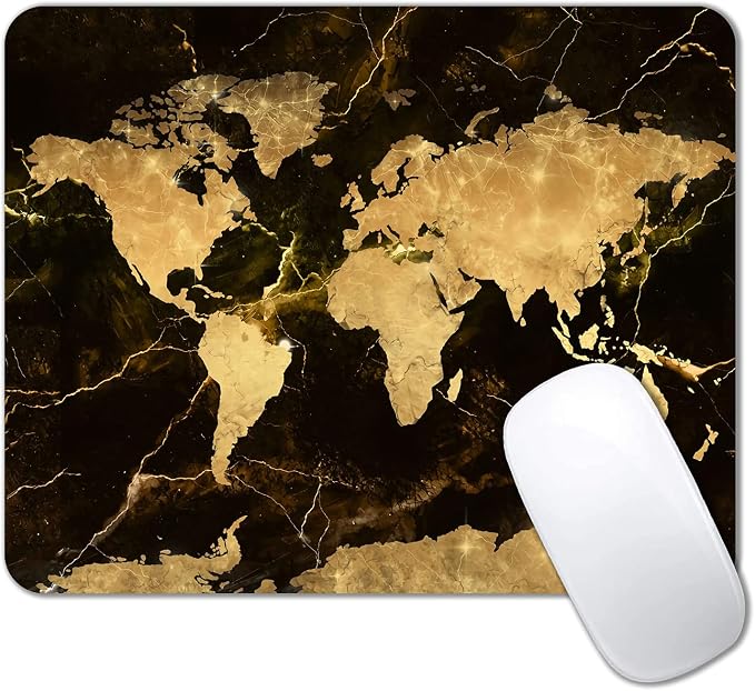 Square Mouse Pad, World Map Mouse Pad, Black Gold Marble Mousepad, Non-Slip Rubber Mouse Pad, Vintage Map Design Mouse Pads for Office, Work, Men, 9.5 x 7.9 Inch