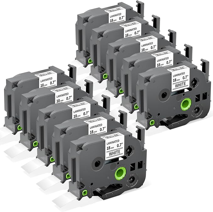 10-Pack TZe-241 TZe TZ Tape 18mm 0.7 Laminated White TZe241 | Compatible with Brother P Touch Label Maker Tape 18mm .7 for Brother PT-D400 PT-D410 PT-D600 D610BT PTD460BT Refills, 3/4''