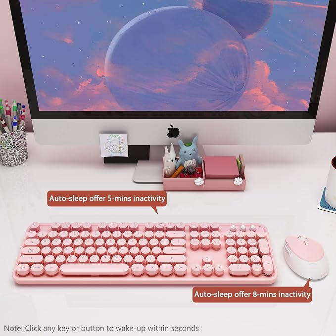 Wireless Keyboard and Mouse Combo, 2.4G Typewriter, Pink | Retro Full Size Computer Keyboards, Cute Mouse, USB Dongle Plug and Play, for PC,Laptop,Desktop,Windows
