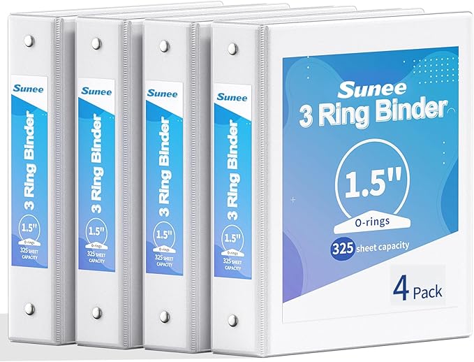 SUNEE 1.5 Inch Binders 3 Ring 4 Pack, PVC-Free Clear View 1 1/2 Inch Binders (Fits 8.5x11 Inches) for School, Office & Home Use, White