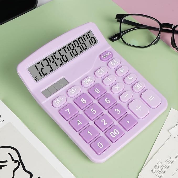 Cute Purple Desktop Calculator with Big Buttons, Dual Power Source, Solar and Battery, Large Display Screen - Perfect for Office, Teachers, and Students (Purple)