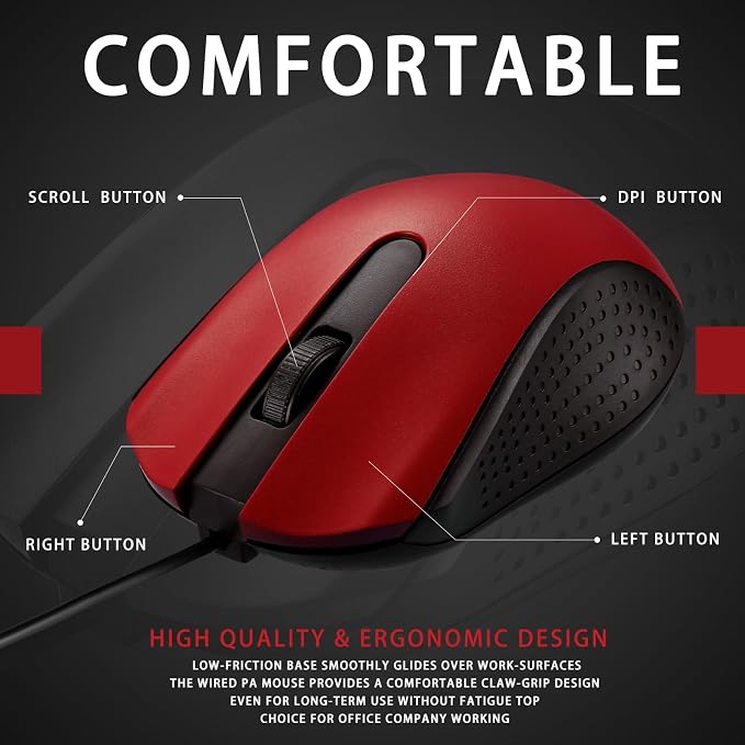 Hoteam 12 Pcs Wired Mouse Bulk, USB Ergonomic Computer Mice,Red | Plug Play USB Cord, Textured Grip for Office Gaming, Desktop Laptop Compatible, Bulk Office School Business Supply