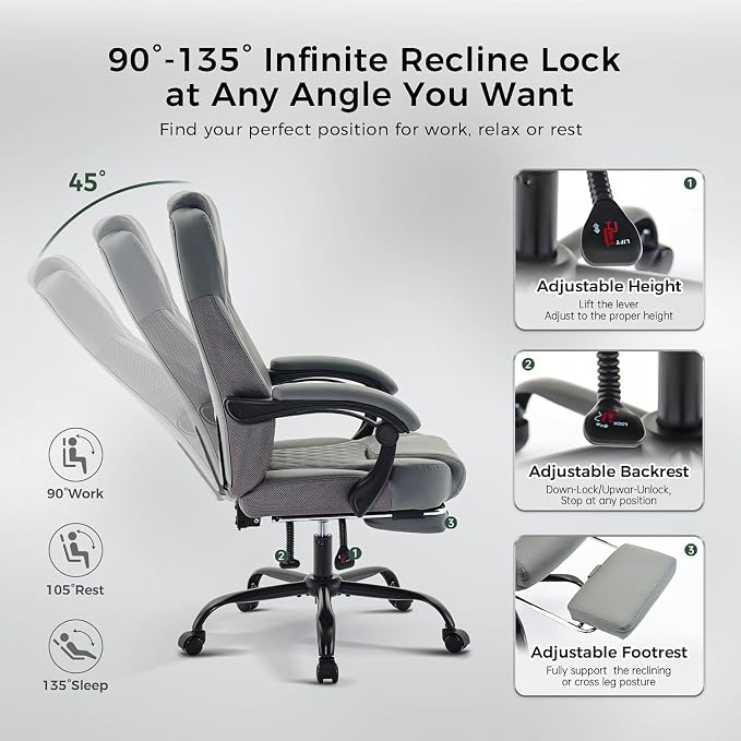 amseatec Big and Tall Office Chair with Footrest, Lumbar Support, Grey | Ergonomic Leather High Back, Infinite Lock Reclining 90°-135°, 20 Spring Packs, 300lbs Capacity, Executive Desk Chair