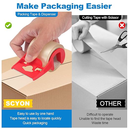 SCYON Packing Tape, Clear Packing Tape with Dispenser, 1.88 in. x 22.2 yd., 3 Noiseless Shipping Tape Rolls, 2 mil, Tranparent Boxing and Packaging Tape for Mailing, Moving Supplies.