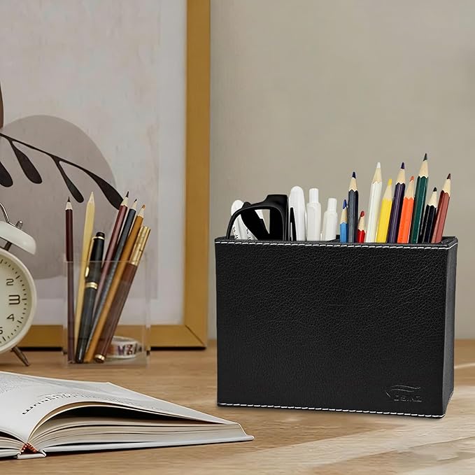 Black Pen Holder, Double Slots Leather Pencil Holder, Elegant Pen Holder for Desk, Stationery Organizer for School Office Home Dorm