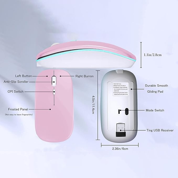 Wireless Bluetooth Mouse Rechargeable Laptop Mice with LED Lights Silent Slim Use(BT5.2 and 2.4G Portable USB Receiver) Dual Mode Computer Mouse for Laptop/iPad/Tablet/Apple/Computer/Mac(Pink)
