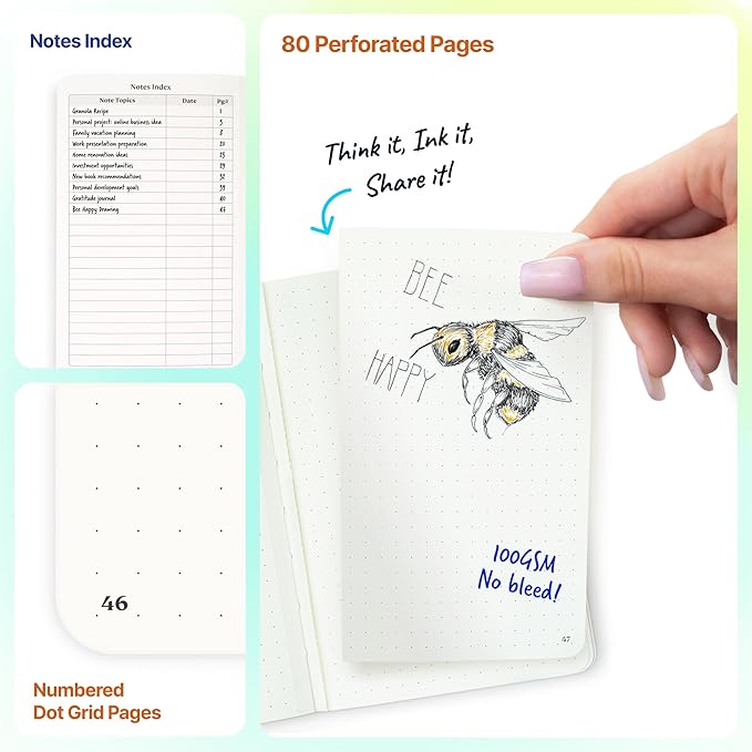 Roterunner A6 Pocket Notebook (Spring Pastel) 3 Pack 3.5x5.5 Dotted Mini Notebook Journal 100Gsm Perforated Paper, Work Gym Travel Journal Notebook, Leather Small Notebook Numbered with Notes Index