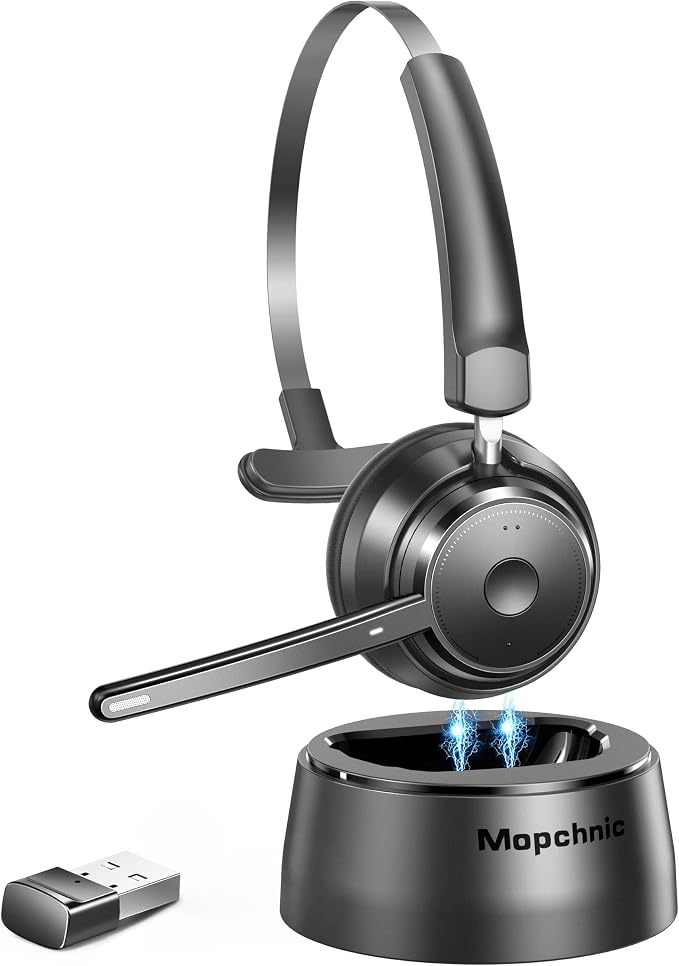 Mopchnic Bluetooth Headset, Wireless Headphone with Microphone for Computer, On Ear Bluetooth with USB Dongle for Office Call Center Skype Zoom Meeting Online Class (Dark Gray)