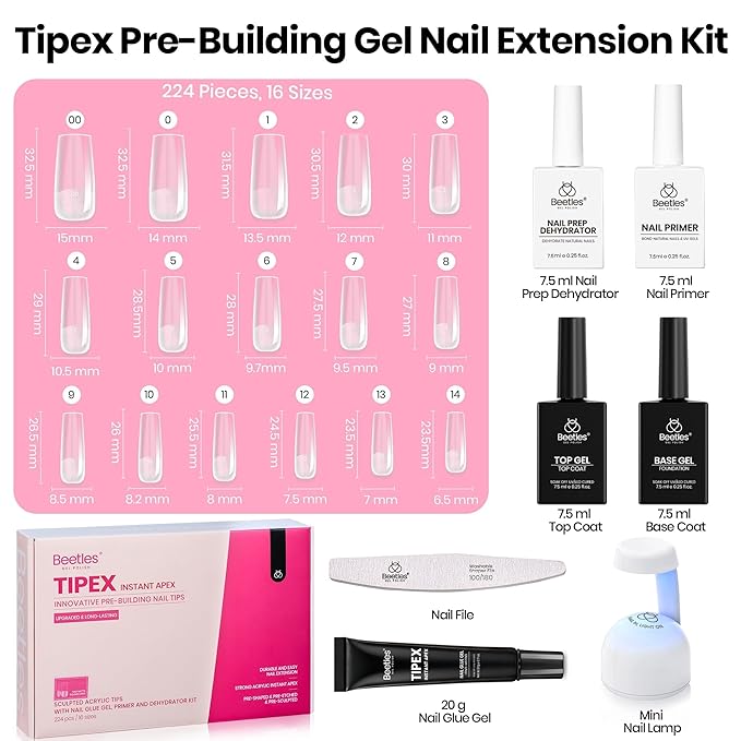 Beetles Tipex Instant Apex Nail Tips Kit with Dehydrator & Primer, Long Square, 224PCS 16 Sizes, Reinforced Apex for Strong Long-Lasting Wear, 20g Solid Nail Glue, Mini UV Lamp, Base & Top Coat