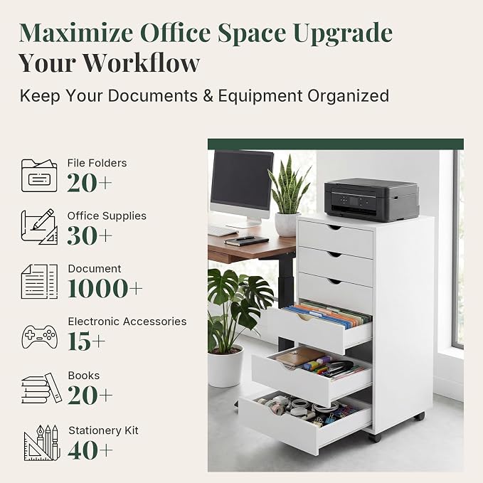 7 Drawers Mobile File Cabinet, Printer Stand Storage Cabinet | Under Desk Storage with Wheels, Vertical Filing Chest Rolling Wood Small Organizer for Home Office, Living Room, White