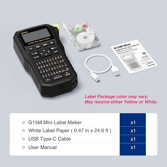 SUPVAN G15M Mini Portable Label Maker | Heat Shrink Tube & Multiple Label Types, Rechargeable, Minimal Margin, LCD Backlit, Thermal Transfer, Home, Garage, Outdoor