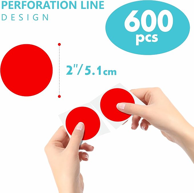 600 PCS Round Red Color Coding Circle Dots Inventory Stickers Labels with Perforation Line in Roll (2" in Diameter)