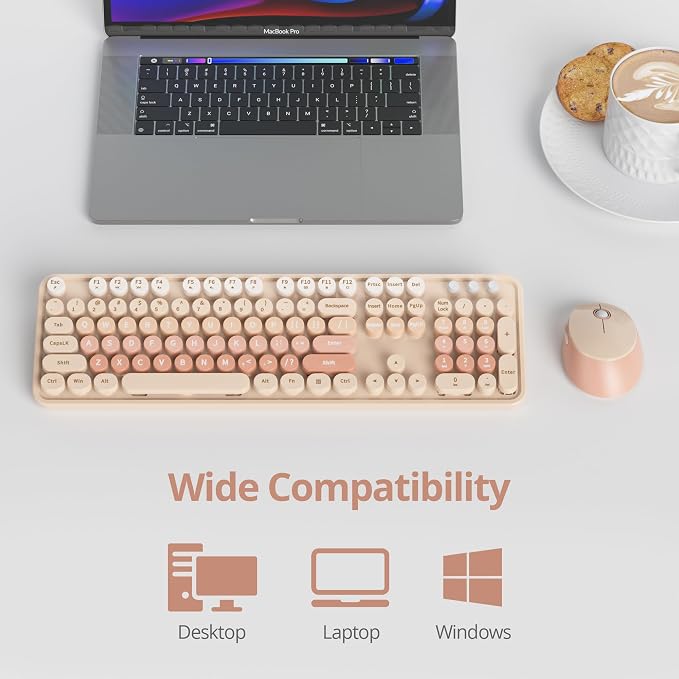 GTSP Colorful Brown Wireless Keyboard and Mouse Combo, Retro Wireless Typewriter Full-Size Cute Office Keyboard 2.4GHz with Round Keycaps for Desktop Laptop and PC (Cute Brown)