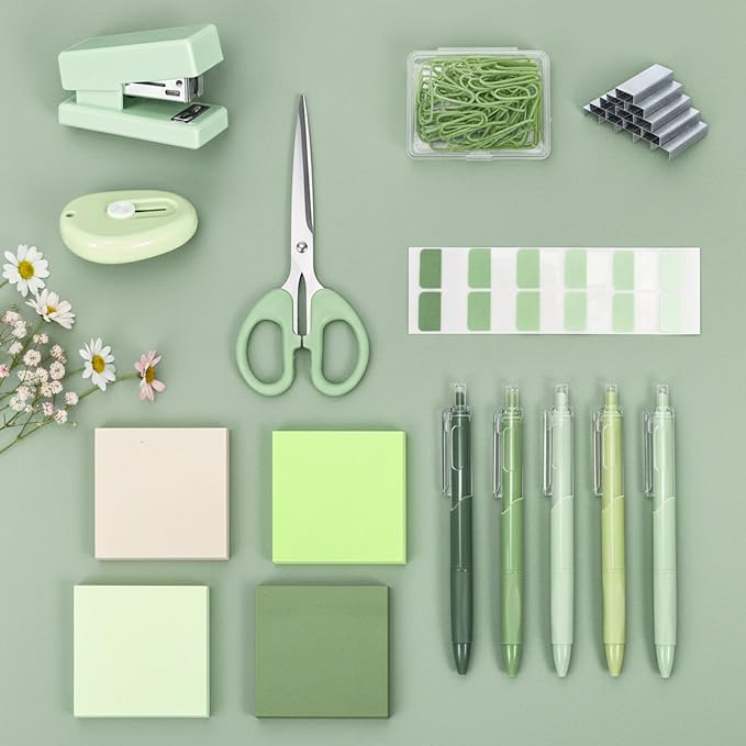 Mini Green Office Supplies Kit Green School Supplies Christmas Gift Desk Accessories with Gel Pens Sticky Notes Stapler Scissor Paper Clips Index Tabs Box Cutter for Christmas Gifts Office