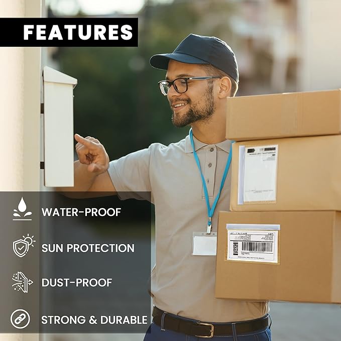 Shipping Label Sleeves 100Pcs, 7.5x5.5 Inches - Packing Slip Envelope Pouches with Self-Adhesive Peel & Seal - Clear Plastic & Waterproof Envelopes Ideal for Invoices & Packaging.