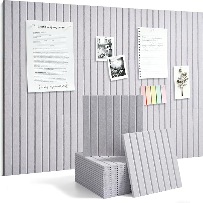 Large Felt Bulletin Board Cork Board Alternative with Safe Removable Adhesive Tabs, Wall Bulletin Board for Home Office Classroom Pin Board (Gray, Fine-Stripe 12-Pack)