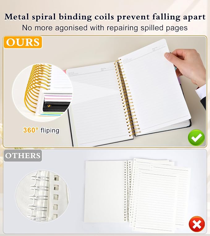 5 Subject Notebook College Ruled 240 Pages, A5(5.8"x8.3") Hardcover Spiral Notebook with Removable Pocket Dividers Tabs, Lined Spiral Journal Notebook for Women, Notebooks for Work School Note taking Black