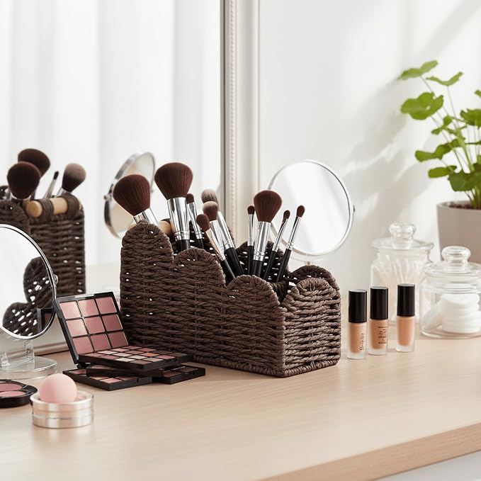 CubesLand Bedside Table Desk Organizer Caddy, Remote Pen&Pencil Holder Cup | Makeup Brush Holder w/Scalloped Perfect for Home, Office Desk, Living Room Table Decor, 3 Slots Brown