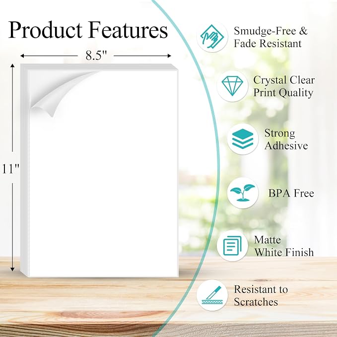 100 Sheets Sticker Paper Matte White, 8.5" x 11" Label Paper for Laser & Inkjet Printer, Full Sheet Label for Shipping Address Mailing