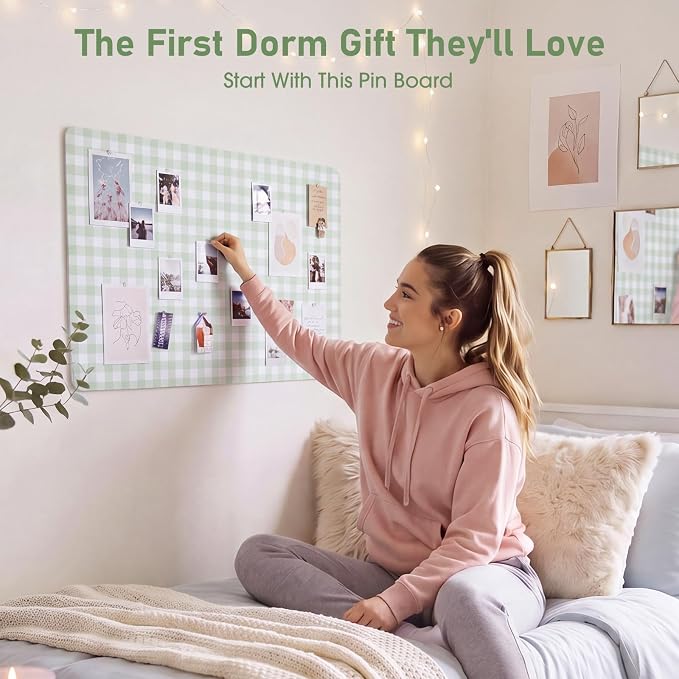 Felt Bulletin Board, 24" x 15.7" Decorative Felt Pin Board, Foldable Photo Display with Pushpins, Wall Vision Cork Boards Alternative for Home Bedroom Office Dorm(Sage Green Plaid)