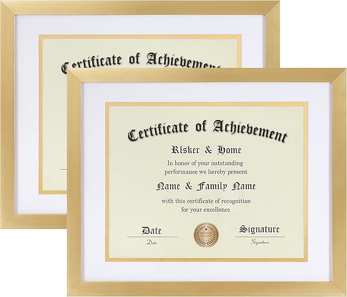 ELSKER&HOME 8.5 x 11 Certificate Frame 2Pack- Classic Gold Color Frame - Displays Diploma 8.5x11 Inch with Mat - 11x14 Inch Without Mat - For Document/Photo(Double Mat - Matte White with Gold Rim)