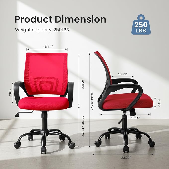 DUMOS Office Chair, Ergonomic Home Desk Mesh Chair, Lumbar Support | Mid Back Mesh, Height Adjustable Fixed Armrest, Rocking Mode 360 Swivel Computer Gaming, Red