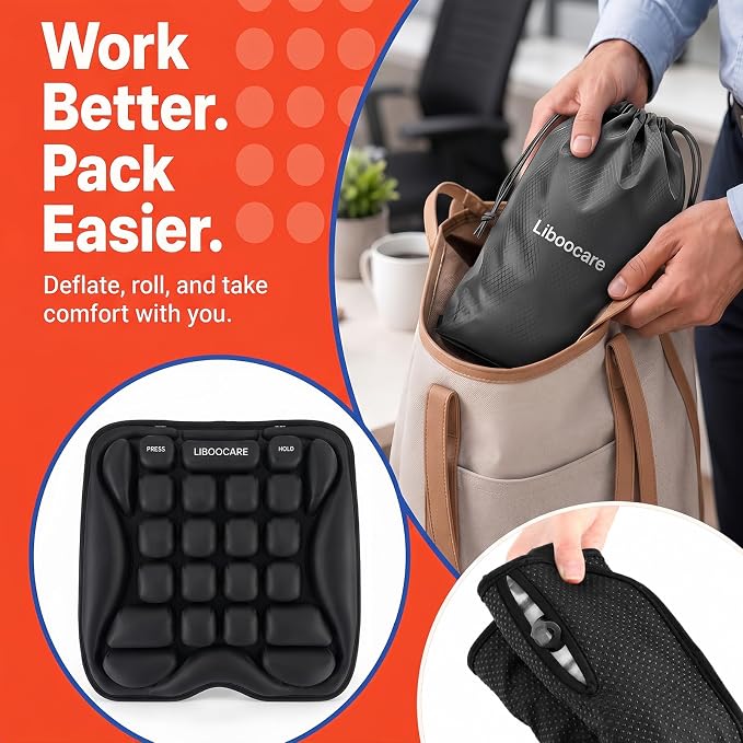 Office Chair Cushion with Adjustable Air-Cell Support, Inflatable Seat Cushion with Built-in Pump for Long Sitting, Desk Chair, Home Office, Computer Chair and Dining Chair