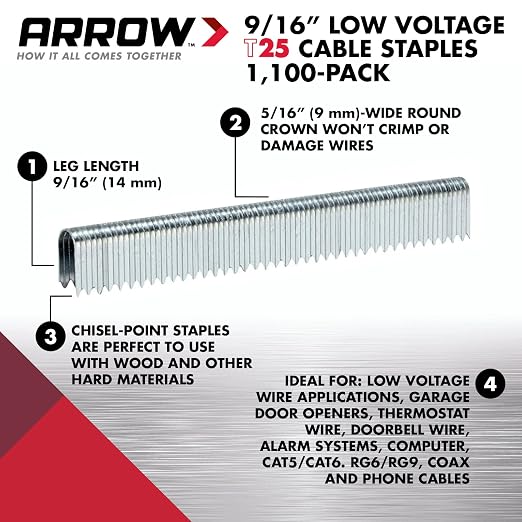 Arrow 259 T25 Staples for Installing Low Voltage Wires & Cables, 1100 Count | 9/16" Leg Length, 5/16" Crown Width, Heavy-Duty Steel, For Holiday Lights, Doorbells & Alarm Systems