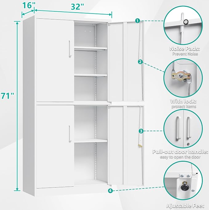 Metal Storage Cabinet with 3 Adjustable Shelves,White Storage Cabinet with Lock,71" Lockable Metal Cabinets with Locking Doors,Tall Steel Pantry Cabinets 4 Door for Home,Office,Garage,Bathroom,Kitchen