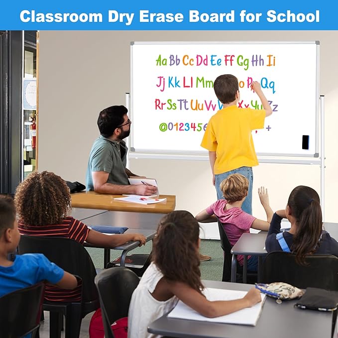 Double-Sided Dry Erase Board with Stand 36"x24", Magnetic Mobile White Board Rolling Whiteboard on Wheels Drawing whiteboard with Stand for Kids & Adults, 2 Eraser, 10 Markers, 12 Magnets