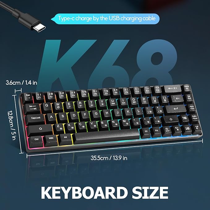 Wired Portable 60% Mechanical Feeling Gaming Keyboard,RGB LED Backlit Compact 68 Keys Mini Wired Office Keyboard for Windows Laptop PC Mac Gamer, Typist, Travel on Business Trip- Black