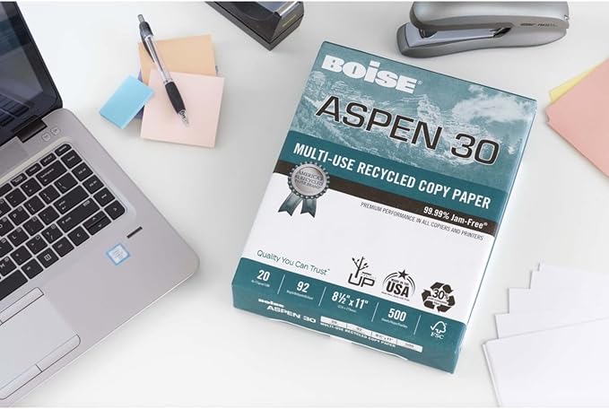 BOISE ASPEN 30% Recycled Multi-Use Copy Paper, 8.5" x 11" Letter, SPLOX Speed Loading Reamless Easy Carry Box, 92 Bright White, 20 lb. (2,500 Sheets)