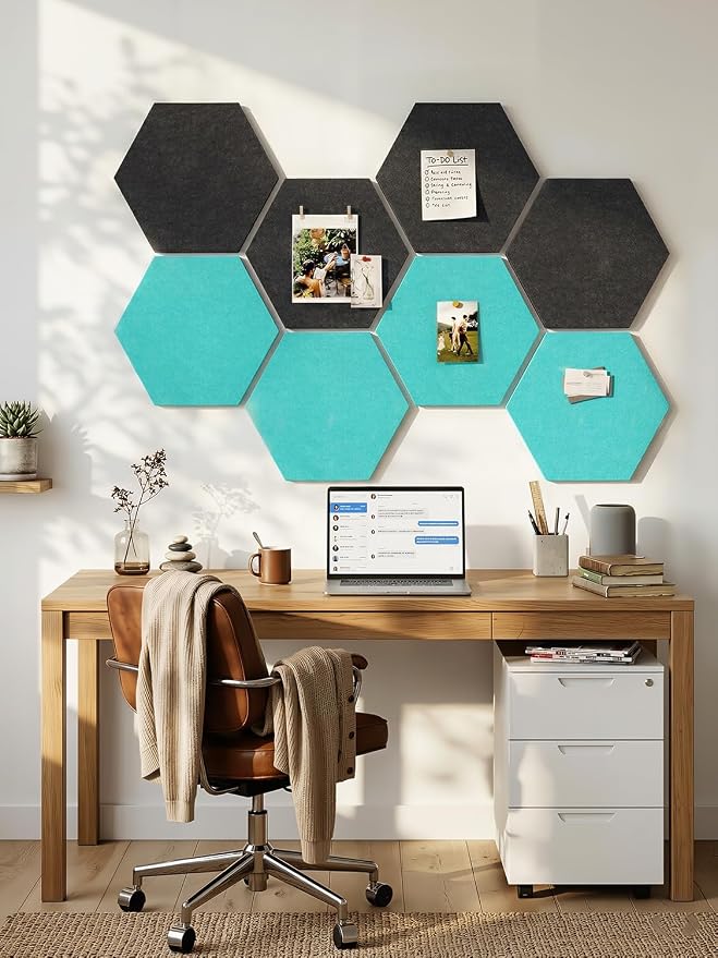 8-Pack Hexagon Felt Bulletin Board Tiles, Cork Board Alternative | For students and teachers creating vision boards in homes, offices, dorms or classrooms; includes 30 push pins.