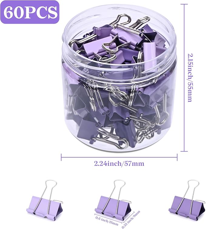 Temiary Binder Clips, mini Metal Binder Paper Clip Purple 0.6 Inch, 60 Pcs | Colored Binding Paperwork Clamp Bulk for Office, Home, School