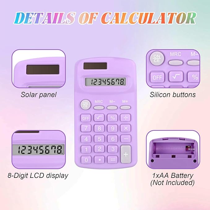 18 Pcs Pocket Size Basic Calculators Bulk for Classroom Solar Battery Dual Power Display Calculator 8 Digit Colored Basic Calculator for Kids Student School Office