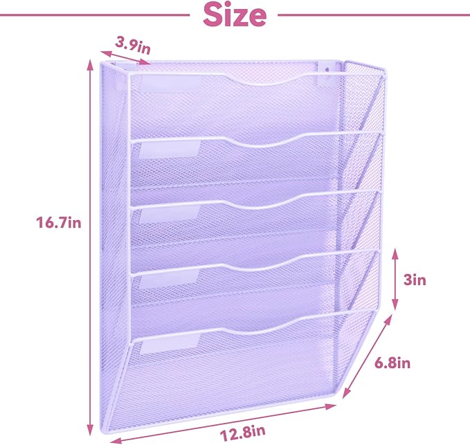 5 Pockets Mesh Wall File Holder Organizer Office Hanging File Folder Magazine Rack, Nametag Label Hooks Set Included (Purple)