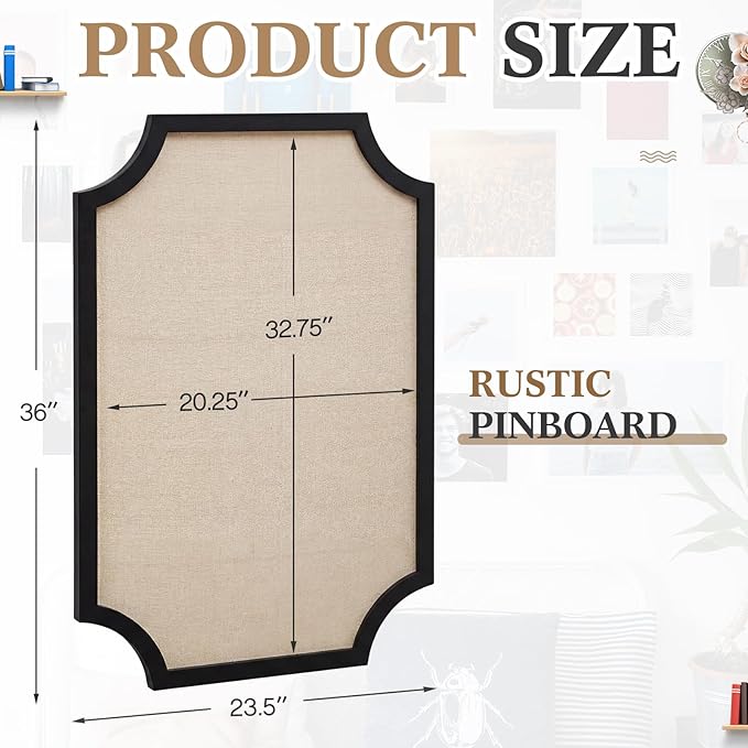 Vintage Framed Pin Board Linen Display Bulletin Board Large Ornate Fabric Picture Photo Pinboard Memo Decorative Prayer Pinboard Ornate for Wall Gift(Scalloped,24" X 36",Black)