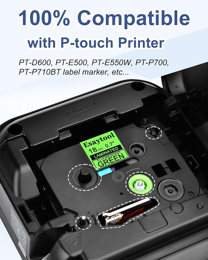 5 Pack Esaytool Replacement for P-Touch TZe-D41 TZeD41 TZD41 18mm 0.7inch Black on Green Fluorescent Laminated Compatible with Ptouch PT-D400 PT-D410 PT-D600 PT-D610BT PT-D460BT Label Maker