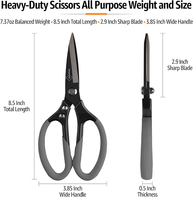 BoFuYuan Heavy Duty Scissors for Cutting Carpet Cardboard Leather Fabric | Stainless Steel Blades, Comfort Grip, Multipurpose Utility Sharp Shears for Kitchen Garden Office Craft Sewing, 8.5 Inch Grey