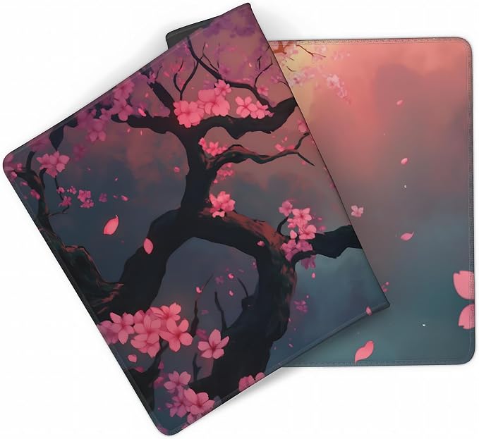Cute Floral Aesthetic Cherry Gaming Mouse Pad, Pink Japanese Desk Mat with Anti-Slip Base & Stitched Edges,35.4" x 15.7" in Table Mat for Computer Desktop, Beautiful Workstation Decor