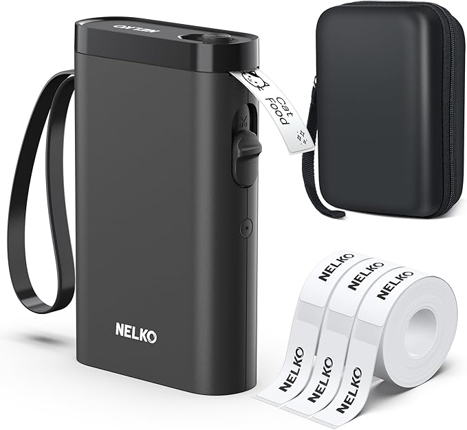 Nelko Label Maker Machine, P21 Label Printer with 3 Tapes & Case, Black | Creative App & Multiple Templates, Inkless Printing, Built-in Cutter, Ideal for School, Teacher Supplies, Office, and Home