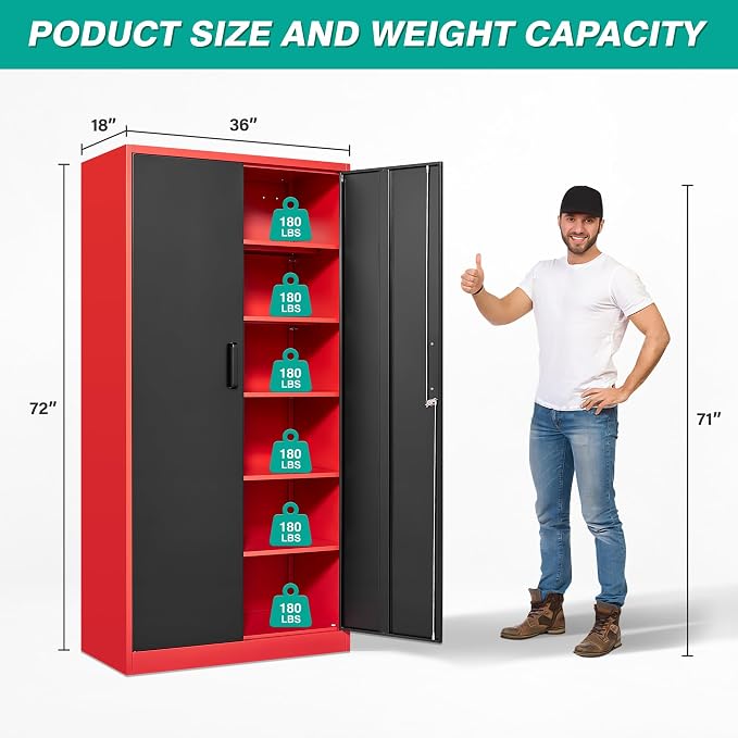 Wide & Deep Metal Storage Cabinet with 5 Shelves,72" Tall Red Garage Storage Cabinet with Lock,Metal Cabinets with Locking Doors,Lockable Steel Cabinets for Home,Office,Shop,Garage,72x36x18