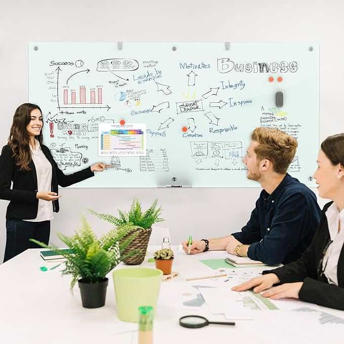 Wingwise Large Glass Dry Erase Board, 96 x 48 in Magnetic Glass Whiteboard | Frameless design, ample writing space, great for corporate offices, classrooms, home workspace & group presentations