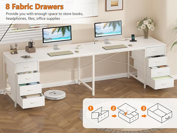 95" 2 Person Desk with 8 Fabric Drawers for Home Office, Living Room | Long Computer Desk Office Desks with Storage, Two Person Double Desks with Power Outlets, White