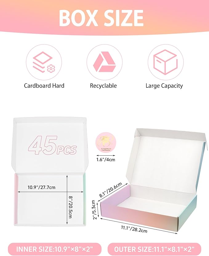 Small Colored Shipping Boxes, 11x8x2 Inch Cute Packaging Box for Gift, Pack of 45
