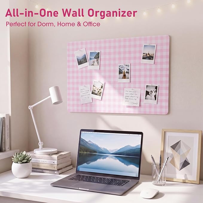 Felt Bulletin Board, 24" x 15.7" Decorative Felt Pin Board, Foldable Photo Display with Pushpins, Wall Vision Cork Boards Alternative for Home Bedroom Office Dorm (Pink Plaid)
