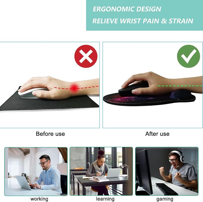 Mouse Pad with Wrist Support, Ergonomic Mouse Pad with Memory Foam Wrist Rest Cushion, Non-Slip Rubber Base Gaming Mice Pad for Home Office Computer Laptop, Starry Sky Colorful