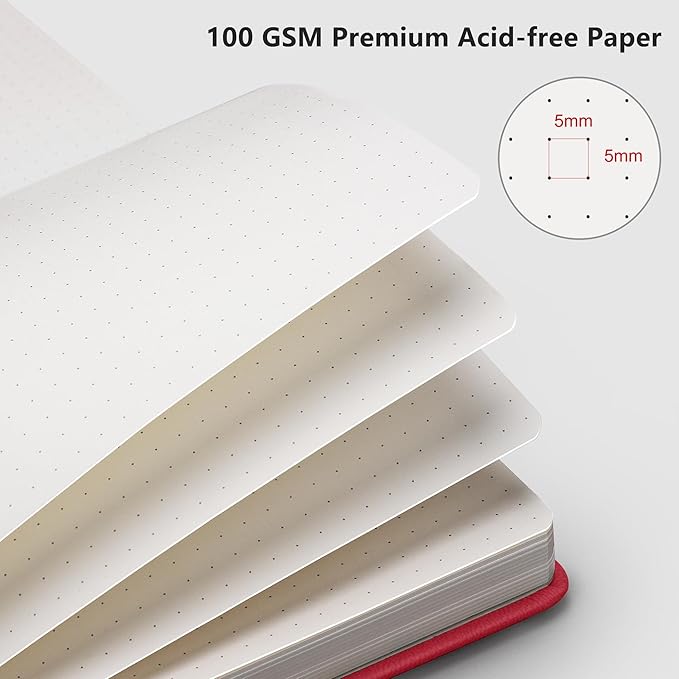 RETTACY Dotted Journal Notebook, 192 Pages, A5 Medium Size (5.7'' x 8.3''), Leather Hardcover, 100 GSM Thick Paper, for Journaling, Planning, Tracking (Red)