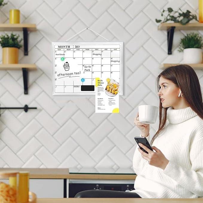 Monthly Calendar Dry Erase Board for Wall, 16"x12" Double-Sided Magnetic Calendar White Board with Hooks, Silver Aluminum Alloy Frame Hanging Whiteboard for Office, Home, School
